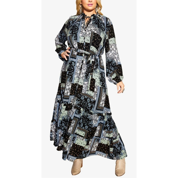 Aveology City Chic Patch Print Floral Maxi Dress Plus Size 20 Boho Peasant Folk - Picture 3 of 13